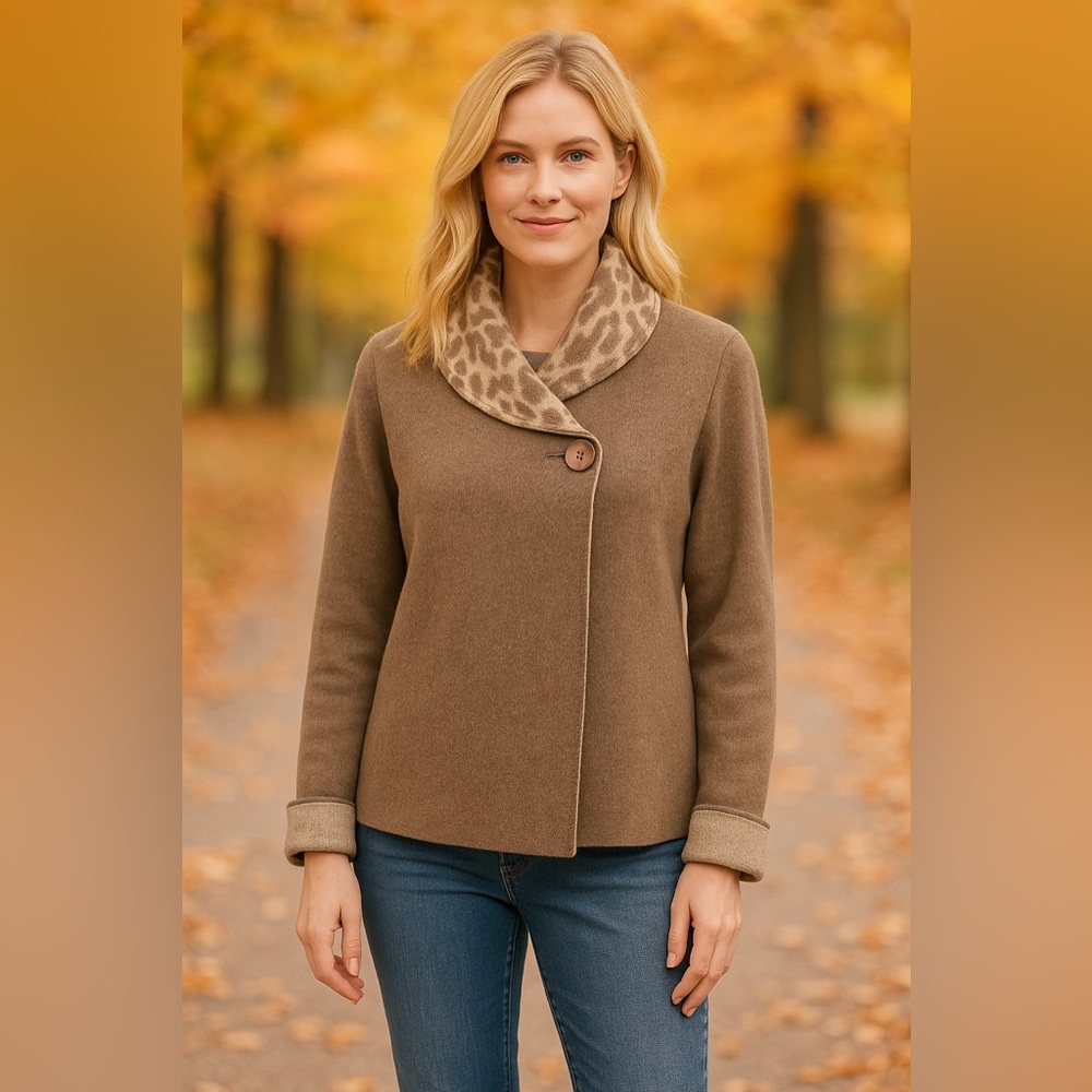 Chiaramente Made in Italy Wool Blend Cardigan M Brown Leopard Shawl Sweater Luxe